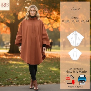 Puede incluir: Se muestra una capa de color óxido con capucha y cremallera frontal. La capa se lleva sobre una parte superior negra y pantalones negros. La imagen también incluye un diagrama de la capa y el texto "Cape 2" y "Tallas: 34, 36, 38, 40, 42, 44."