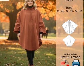 May include: A rust-colored cape with a hood and a front zipper is shown. The cape is worn over a black top and black pants. The image also includes a diagram of the cape and text that reads "Cape 2" and "Sizes: 34, 36, 38, 40, 42, 44."
