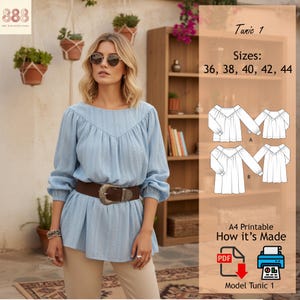 Puede incluir: Una túnica azul claro con mangas largas y un cinturón marrón con una hebilla decorativa. La imagen también incluye un patrón de costura con el texto "Tunic 1" y tallas 36, 38, 40, 42 y 44. El patrón es imprimible A4.