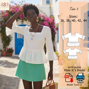 Op de afbeelding: Een vrouw draagt een witte tuniek met een vierkante halslijn en uitlopende mouwen, gecombineerd met een mintgroene rok. De afbeelding bevat een naaipatroon met de tekst "Tunic 3" en maten 36-44. Het patroon is A4 printbaar.