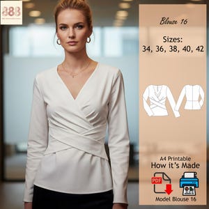 May include: A white long-sleeved blouse with a wrap-style design and a V-neck, worn by a woman. The image includes a diagram of the blouse and size options. Sizes available are 34, 36, 38, 40, and 42.