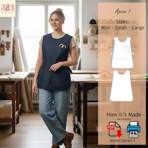 Pode incluir: Uma mulher usando um avental de ganga azul escuro com um bolso bege e um logotipo bege. O avental é sem mangas e tem uma gravata na lateral. A imagem também mostra um padrão para o avental, rotulado como "Apron 1", com tamanhos Mini, Small e Large.