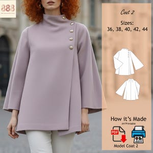 Può includere: Un cappotto lilla con collo alto e maniche svasate. Il cappotto presenta un davanti a portafoglio fissato da quattro bottoni dorati. L'immagine include il testo "Coat 2" e le opzioni di taglia.