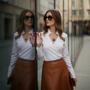 May include: A woman wearing a white wrap blouse, brown leather skirt, and large sunglasses. She is also wearing a pendant necklace. The woman is standing next to a glass wall, with her reflection visible. She is holding a brown clutch.