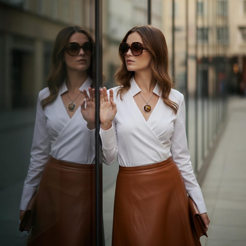 May include: A woman wearing a white wrap blouse, brown leather skirt, and large sunglasses. She is also wearing a pendant necklace. The woman is standing next to a glass wall, with her reflection visible. She is holding a brown clutch.