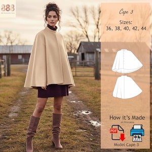 Puede incluir: Una mujer lleva una capa beige con cuello alto, combinada con un vestido morado oscuro y botas marrones. La imagen incluye un patrón para una capa, etiquetada como "Cape 3", con tallas 36, 38, 40, 42 y 44. La imagen también incluye instrucciones.