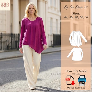 May include: A woman wearing a magenta long-sleeve blouse and cream-colored pants. The blouse has an asymmetrical hemline. The image also includes a diagram of the blouse and text that reads "Big Size Blouse 22" and "Sizes: 44, 46, 48, 50, 52."
