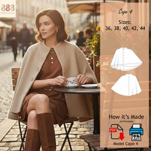 Puede incluir: Una mujer con una capa beige con botones grandes, sentada en una mesa de café. La imagen incluye un patrón para una capa, etiquetado como "Cape 4", con tallas 36, 38, 40, 42 y 44. El patrón es imprimible en A4.