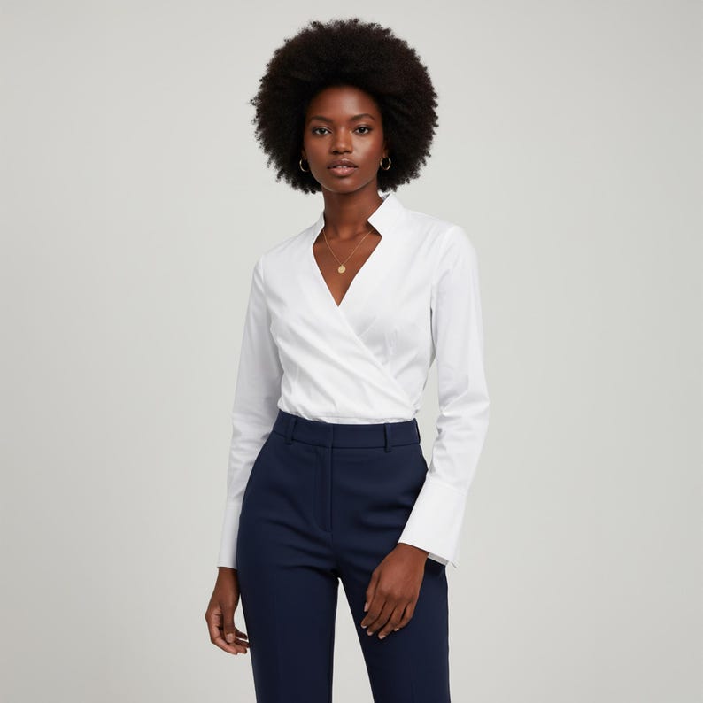 May include: A white wrap-style blouse with long sleeves and a V-neck is paired with navy blue trousers. The blouse has a tailored fit with a structured collar and cuffs. The model is wearing a gold necklace and hoop earrings.
