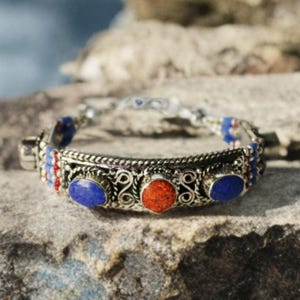 Nepali Tibetan silver bracelet with lapiz lazuli and coral tibetan gems