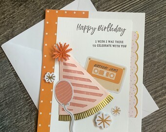 Party Hat and Cassette Tape Happy Birthday Card