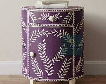 Handmade Purple Bone Inlay Round Bedside Table – 1 Drawer 1 Door Nightstand with White Floral Leaf Pattern | Luxury Boho