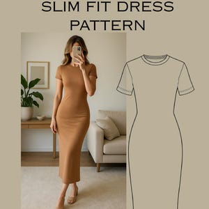 Peut inclure: Robe midi ajustée de couleur beige clair, avec des manches courtes et une coupe près du corps. L'image comprend également un dessin au trait du patron de la robe et le texte "SLIM FIT DRESS PATTERN".