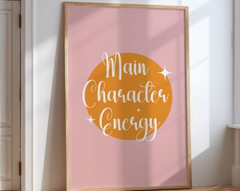 Póster retro de energía de personaje principal rosa, tipografía preppy, cita inspiradora, decoración de dormitorio universitario, decoración de dormitorio femenino, descarga digital