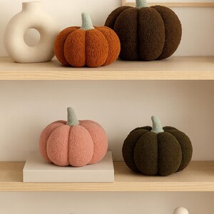 May include: A collection of plush pumpkin decorations in various colors, including orange, brown, pink, and green. Each pumpkin has a light green stem. The pumpkins are displayed on wooden shelves, alongside a white vase and a decorative sculpture.