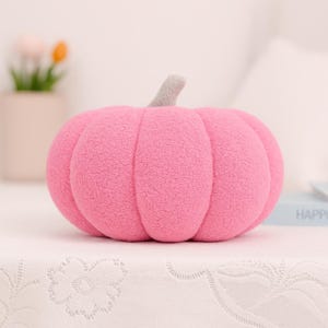 May include: A plush, pink pumpkin with a gray stem. The pumpkin is a soft, textured fabric and has a classic pumpkin shape with defined ridges. This decorative item is perfect for fall or Halloween.