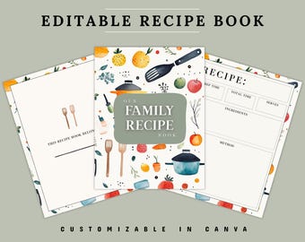 Recipe Binder, Editable Recipe Book, Housewarming Gift, Printable Recipe Card, Canva Template, Blank Recipe Book, Instant Download