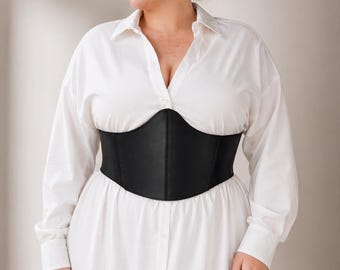 Plus Size Leather Corset Belt, Black Underbust Waist Cincher, Handmade Renaissance Dress Belt, Custom Fit Women's Wide Corset Belt for Dress