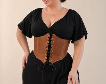 Leather Underbust Corset Belt, Plus Size Waist Cincher, Genuine Leather Wide Corset for Dress, Renaissance Corset Custom Size, Lace Corset
