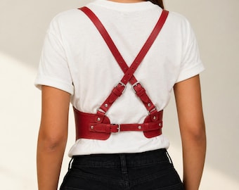 Red Leather Chest Harness Belt for Women, Adjustable Shoulder Harness, Underbust Waist Belt, Custom Fit Leather Corset Belt