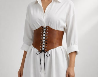 Leather Corset Belt, Underbust Waist Cincher, Genuine Leather Wide Belt for Dress, Lace Up Front, Custom Size, Plus Size, Ren Faire Festival