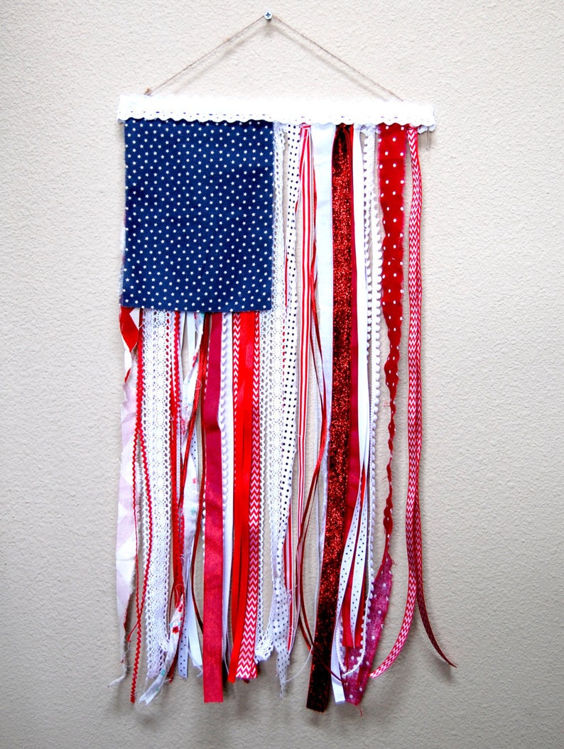 Ribbon and Rag U.S. Flag Rustic Wall Hanging 4th of July, Memorial Day Home Decoration image 1