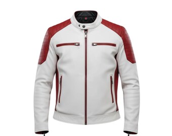 White & Red Men’s Leather Moto Jacket , Racing Style ,Handmade Genuine Leather Outerwear.