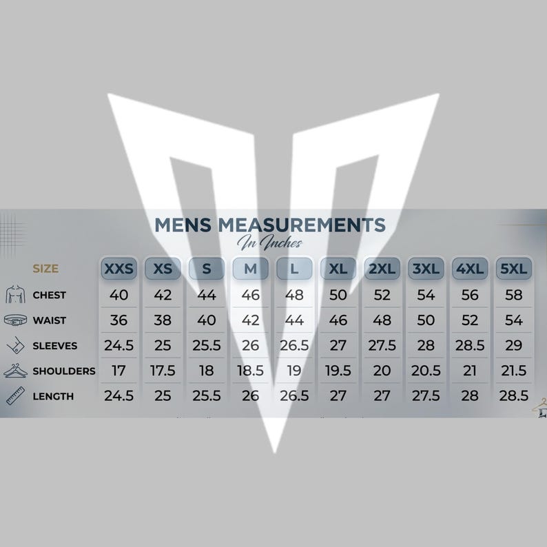 Pode incluir: Uma tabela de medidas intitulada MENS MEASUREMENTS In Inches, exibindo valores num&eacute;ricos para peito, cintura, mangas, ombros e comprimento para os tamanhos XXS a 5XL, com &iacute;cones e medidas em polegadas.