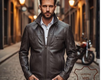 Handmade Vintage Grey Sheep Leather Biker Jacket