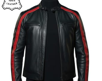 Jaqueta masculina de couro legítimo estilo Café Racer, preta com listras vermelhas de corrida.