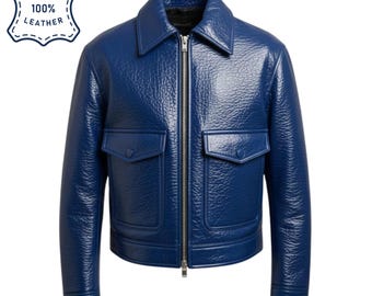 Jaqueta masculina de couro envernizado azul brilhante, estilo bomber, em couro bovino.