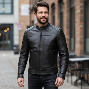 Jaqueta masculina preta de couro legítimo estilo Café Racer, feita à mão. imagem 1