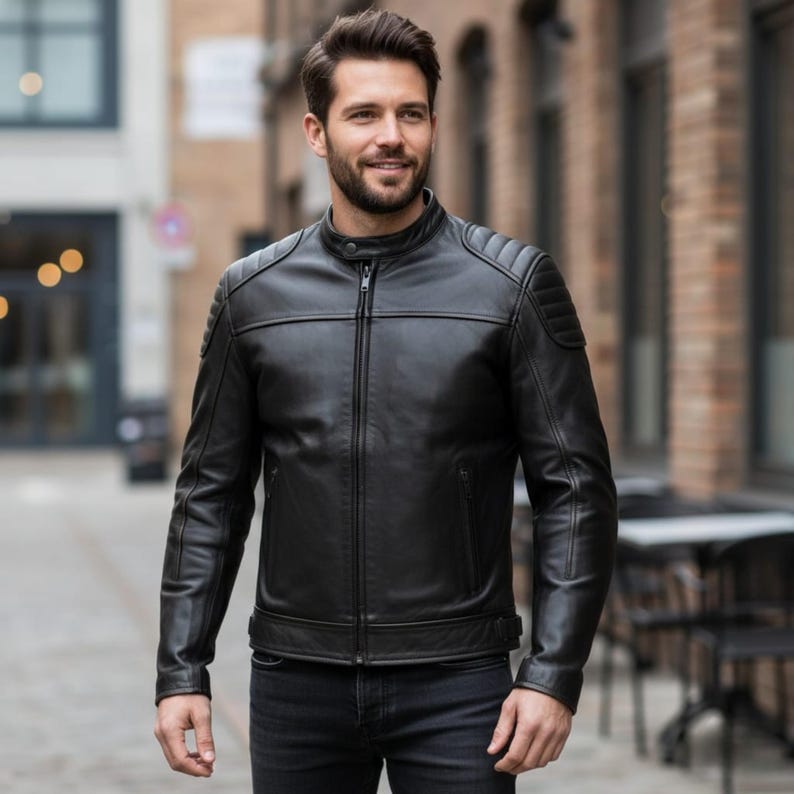 Jaqueta masculina preta de couro legítimo estilo Café Racer, feita à mão. imagem 1