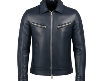 Jaqueta de couro estilo motoqueiro, modelo bomber masculino em couro legítimo com bolsos com zíper.