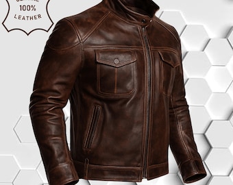 Vintage Distressed Braun Leder Bikerjacke: Handgemachtes Schaffell Cafe Racer