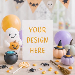 May include: A Halloween-themed arrangement with a white card reading "YOUR DESIGN HERE". The display includes a ghost holding a pumpkin, pumpkins with witch hats, a cauldron, spiders, candy corn, and a broom.