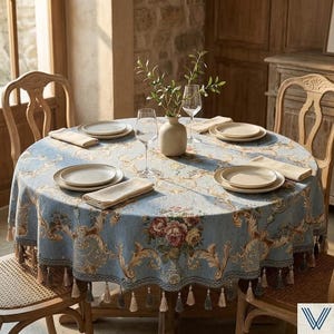 Round Tablecloth - Floral Jacquard, Tassel Edge Dining Table Cover
