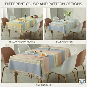 May include: Tablecloths in yellow and turquoise, blue and green, and pink and blue color schemes. Each tablecloth features a striped design with a decorative border and fringe. The image shows the tablecloths on tables with chairs.
