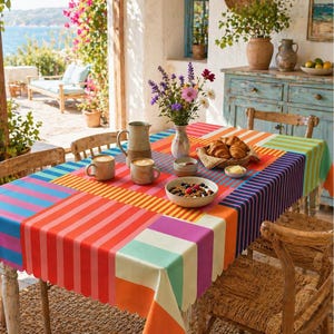Op de afbeelding: Een rechthoekig tafelkleed met een levendig, veelkleurig geometrisch patroon van verticale en horizontale strepen in tinten oranje, roze, paars, groenblauw en geel. De stof heeft een geschulpte rand en bedekt een eettafel.