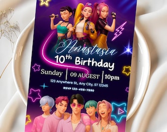 KPOPデーモンハンター招待状編集可能Kポップ誕生日招待状KPOPデーモンハンター誕生日招待状K-Popデーモンハンターパーティーダウンロード