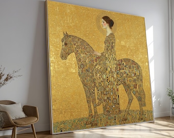 Gustav Klimt Woman on Horse Canvas, Gold Decorative Wall Art, Elegant Figurative Painting Print, Classic Art Canvas, Ready to Hang Decor