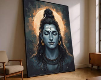 Meditatieve Lord Shiva canvas kunst aan de muur, spirituele hindoeïstische godheid schilderij, mystic Blue Tone Home Decor, yoga meditatie kunstwerk