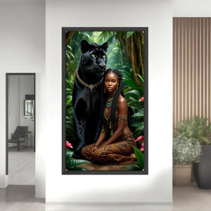 Majestic Black Panther and Tribal Woman Canvas, Exotic Jungle Wall Art, Ethnic Portrait Decor, Powerful Wildlife and Nature Canvas, African image 9