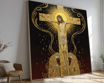 Gustav Klimt Crucifixion Canvas, Religious Wall Art, Christian Iconography Canvas, Gold and Black Art, Spiritual Home Decoration