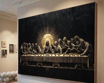 The Last Supper Canvas Wall Art, Religious Jesus Painting, Christian Home Decor, Biblical Scene Canvas, Gold and Black Wall Art