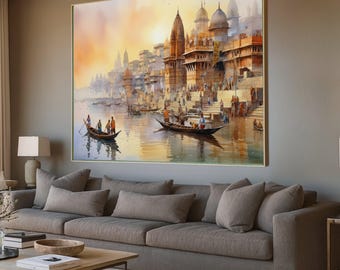 Varanasi River Life Canvas Wall Art, Indian Ghat Scene Canvas, Spiritual Landscape, Traditional Boat Painting, Warm Sunset Home Decor