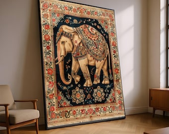 Sierlijke Indische olifant canvas muurkunst, traditioneel bloemmotief, decor etnische dieren, vintage stijl woondecoratie, klaar om op te hangen canvas