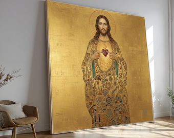 Sacred Heart of Jesus Canvas, Gustav Klimt Gold Art, Religious Wall Decor, Christian Iconography Canvas, Spiritual Home Decoration