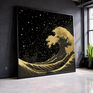 Golden Ocean Wave Canvas, Starry Night Sky Art, Modern Sea Landscape Print image 1
