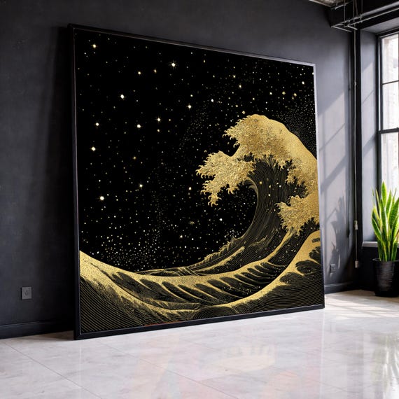 Golden Ocean Wave Canvas, Starry Night Sky Art, Modern Sea Landscape Print